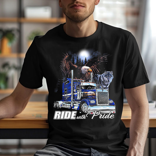 Ride With Pride – Eagle, Wolf & Semi-Truck Graphic Tee” image 0