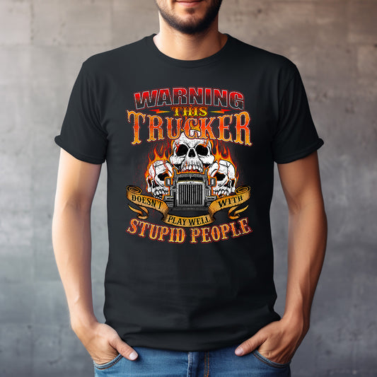 Trucker Warning Tee – Skull & Flames Edition image 0